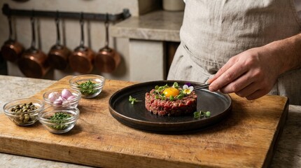 Kitchen object with a plate of tartare, gourmet preparation scene, refined culinary composition, realistic detail, no logos