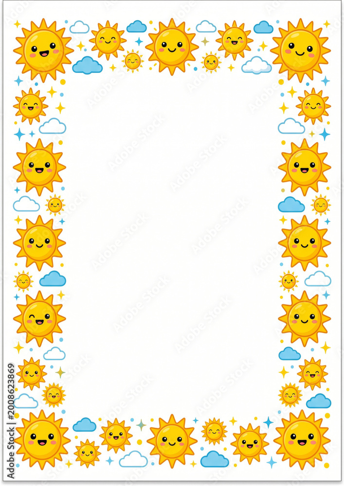Obraz premium Cheerful Sunshine Frame with Happy Faces and Fluffy Clouds Design
