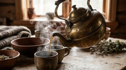 Close up antique brass teapot pouring steaming tea into rustic cups, traditional tea ceremony mood, warm beverage scene, rich metal texture, cozy atmosphere, soft light, no logos
