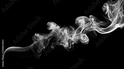 Abstract white smoke curling and swirling slowly across pure black background