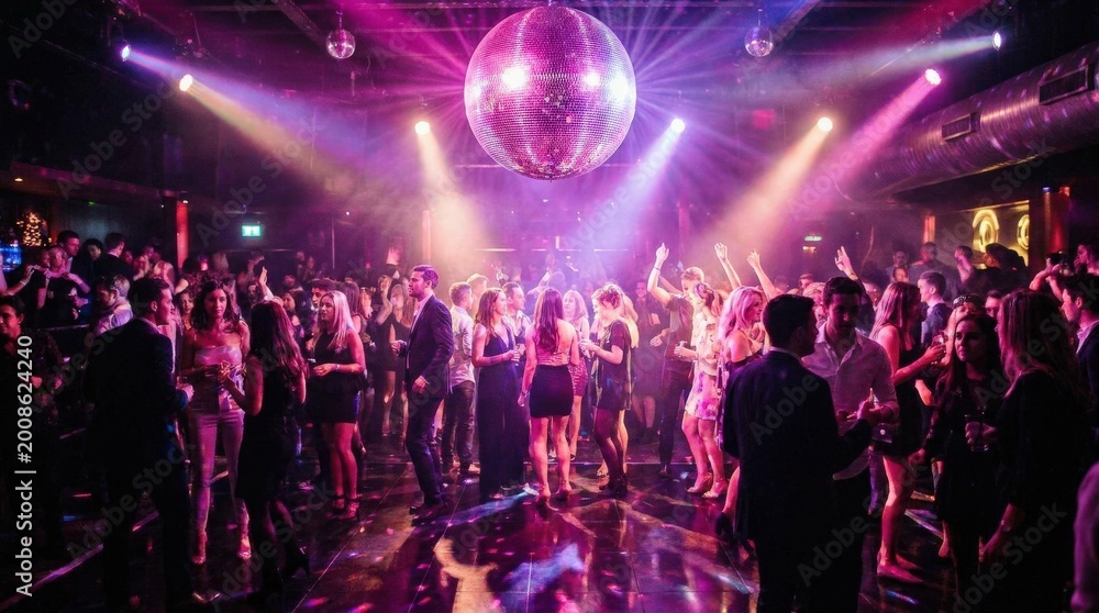 Obraz premium Sparkling disco ball under bright pink and purple stage lights reflecting on the floor, nightlife party scene with vibrant club energy and glamorous atmosphere, no logos