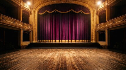 Empty theater stage with wood plank floor and closed purple curtains, dramatic performance setting with elegant mood, realistic detail, no logos