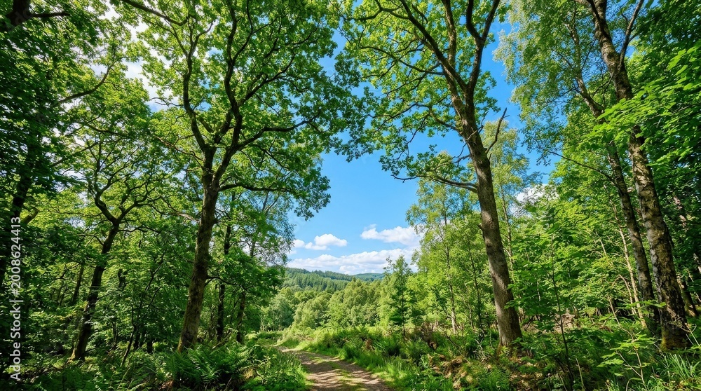 Fototapeta premium Green trees and blue sky, fresh natural landscape concept for environment, wellness and seasonal outdoor themes, leafy canopies reaching upward in bright daylight with clean air and peaceful mood,