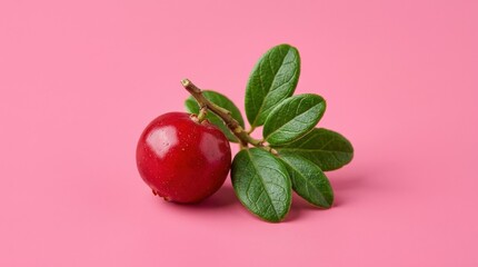 Single fresh red lingonberry with green leaves on a solid pink background, vibrant berry still life with bold color contrast and clean commercial styling, realistic detail, no logos