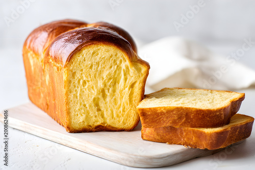 Traditional French Brioche Loaf with Slices on Wooden Board and Soft Background