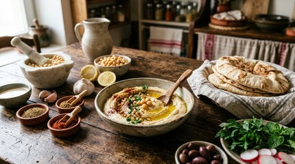 Hummus preparation with pita bread in the background, Middle Eastern appetizer concept with creamy dip and rustic table styling, realistic detail, no logos
