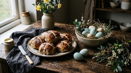 Hot cross buns with speckled blue eggs on dark wood, festive Easter food still life, rich texture and moody light, realistic detail, no logos