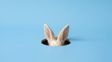 Rabbit ears peeking from a hole on blue background, Easter concept with playful minimal composition and copy space, realistic detail, no logos