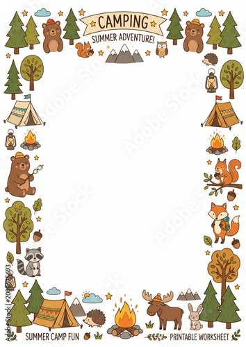 Camping Summer Adventure Fun with Bears, Squirrels, and Nature Elements
