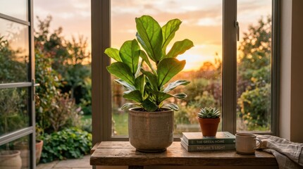 Green plant in pot glowing at sunset, serene botanical lifestyle concept with warm backlight and calm modern composition, realistic detail, no logos