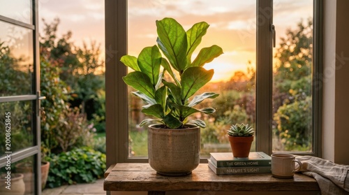 Green plant in pot glowing at sunset, serene botanical lifestyle concept with warm backlight and calm modern composition, realistic detail, no logos