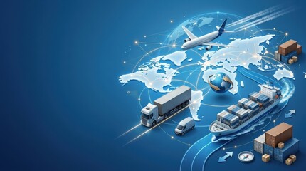 World transport and delivery concept on blue background, global logistics theme with clean composition and open copy space, realistic detail, no logos