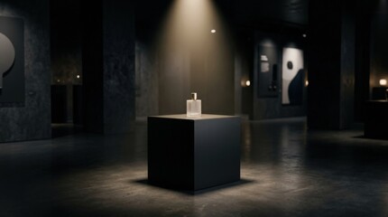 Elegant black cube stand for product placement, dark podium showroom with spotlight, classy minimal exhibition background, dramatic atmosphere, no logos