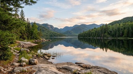 Serene lake shore with smooth rocks and trees, peaceful waterside landscape with calm reflections and natural tranquility, soft daylight, realistic travel photography, no logos