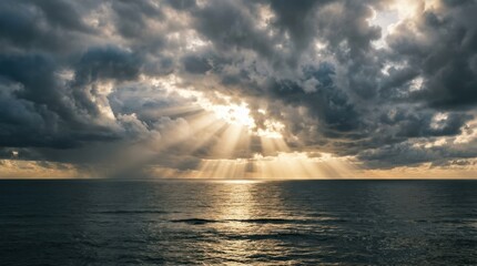 Sunlight rays breaking through dramatic clouds over a vast ocean horizon, peaceful seascape with cinematic sky and calm atmospheric depth, realistic detail, no logos
