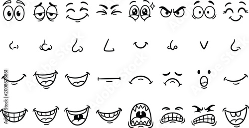 Billede på lærred Cartoon Facial Expressions Set with Eyes, Noses, and Mouths for Emotions and Character Design in Minimalist Black and White Style
