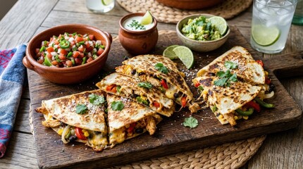 Chicken and vegetable quesadillas with salsa on a wooden board, appetizing Mexican meal with melted cheese and fresh fillings, rustic food styling, realistic detail, no logos