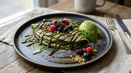 Matcha crepe with chocolate and sauce, indulgent dessert concept with rich drizzle and elegant plated presentation, realistic detail, no logos