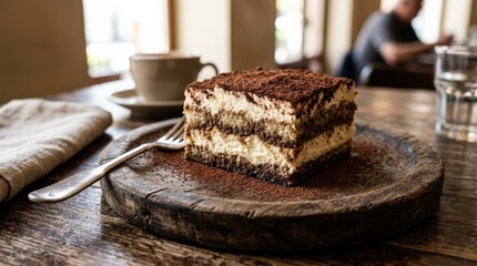 Tiramisu on wooden plate, classic Italian dessert with creamy layers and cocoa topping in rustic elegant presentation, realistic detail, no logos