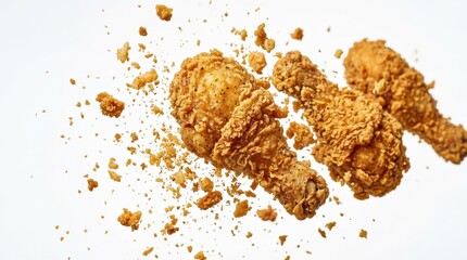 Deep fried chicken drumsticks with crunchy crumbs flying on white background, dynamic fast food concept with golden crispy texture and appetizing motion, realistic detail, no logos