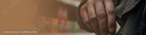 Man hand hiding stolen product into pocket. Shoplifter during supermarket theft. Crime and illegal activity in retail store. Banner with copy space