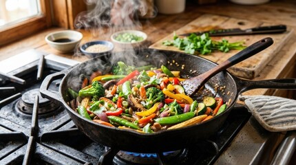 Sizzling vegetable stir fry in a cast iron skillet, healthy hot meal with colorful fresh produce and steam, rustic cooking concept, realistic detail, no logos