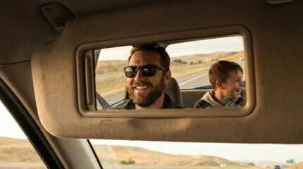 POV father and son reflected in a car visor mirror on the open road, intimate family travel moment, candid reflection composition, warm road trip atmosphere, realistic detail, emotional editorial