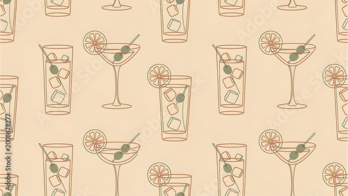 Seamless pattern with cocktail glass holding olive and ice cube. Minimalist line art illustration of alcoholic drink. Retro wallpaper design for bar menu, party invitation or cafe decor.