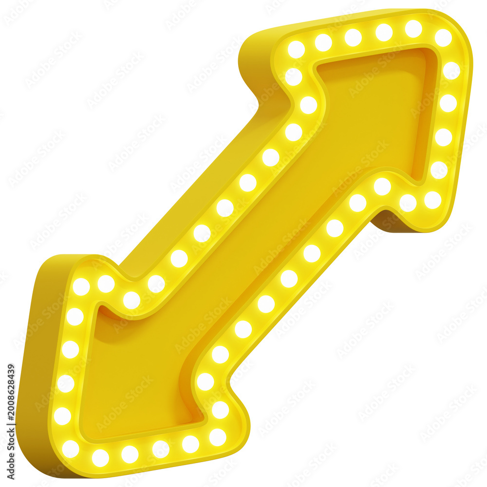 Fototapeta premium 3D Yellow Double Head Diagonal Arrow Marquee Light Sign Board Side View