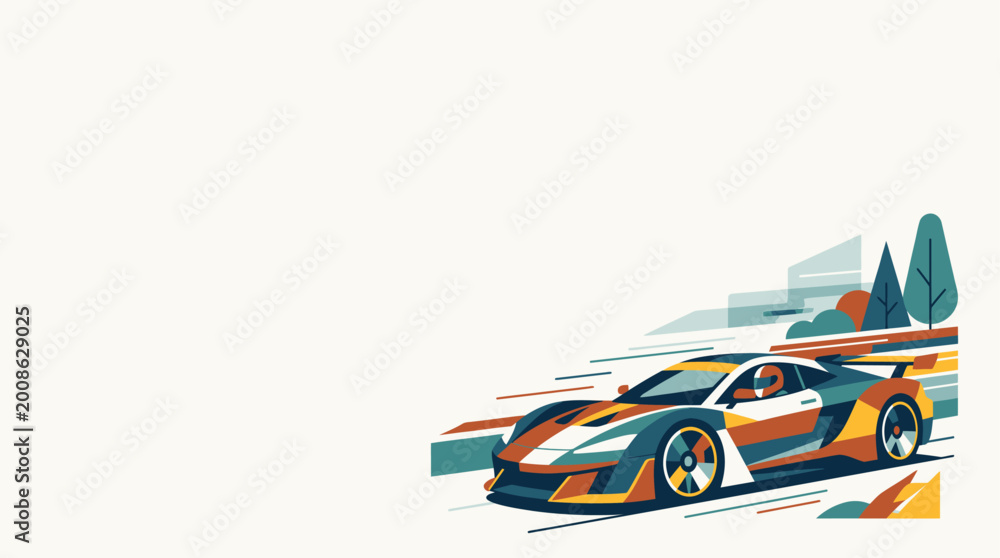 © Ayase - Vibrant vector illustration of a modern sports car racing with abstract geometric background.