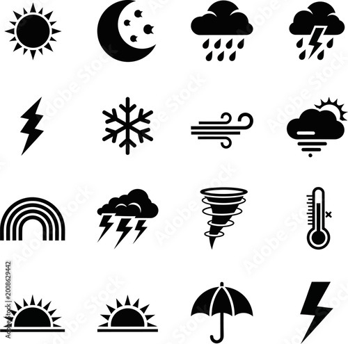 A black vector illustration set of weather icons features nature symbols and leaf designs in an artistic collection of travel signs and silhouettes