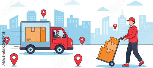 Obraz na plátně Logistics and Fast Delivery Service with Courier Truck and Worker Pushing Parcel