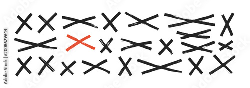 Hand-drawn marker cross with rough texture and bold stroke. Perfect for highlighting text, creating strikethrough effects, or adding sketchy X marks to designs. Vector illustration.