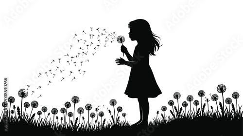 Girl Blowing Dandelion Seeds Silhouette