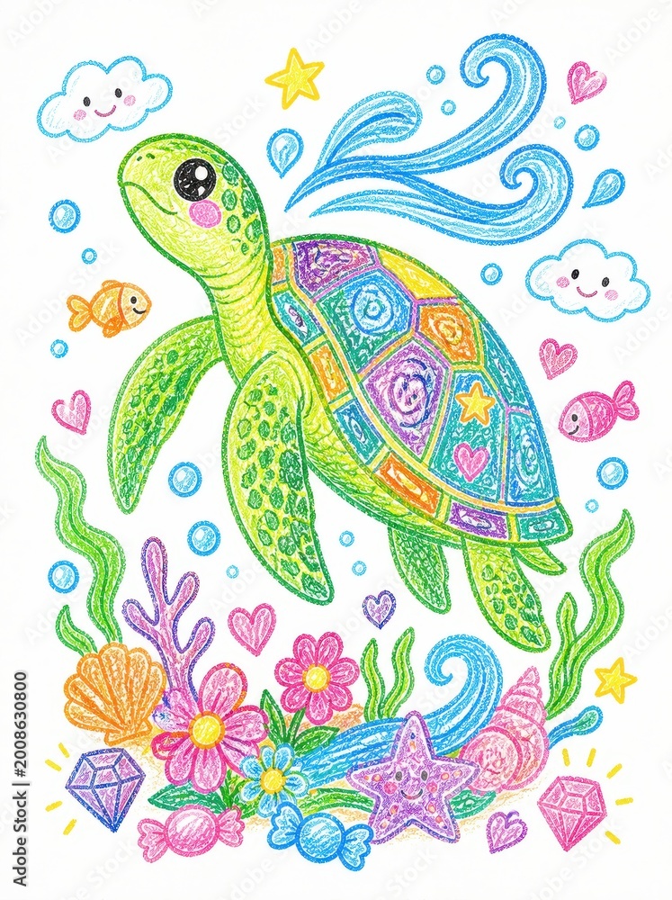 Fototapeta premium Colorful Kids Crayon Drawing of a Sea Turtle Swimming Underwater in a Whimsical Ocean Scene