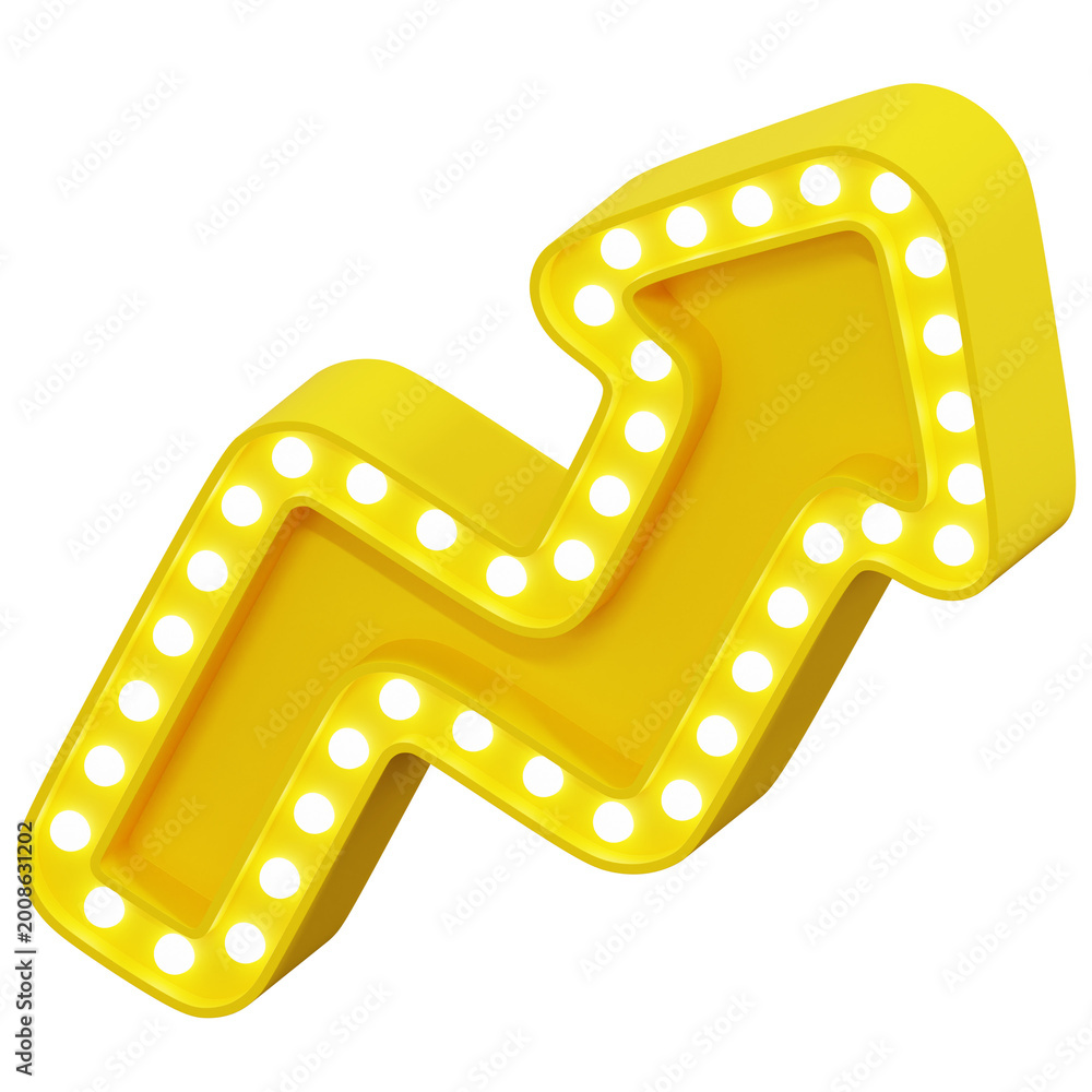 Fototapeta premium 3D Yellow Zigzag Up Arrow Marquee Light Sign Board Isometric View