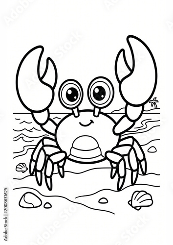 Happy Cartoon Crab in Coastal Scene for Coloring Activity
