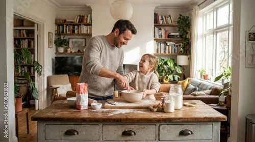 Fotografía Father and daughter busy at home, warm family routine and everyday bonding conce