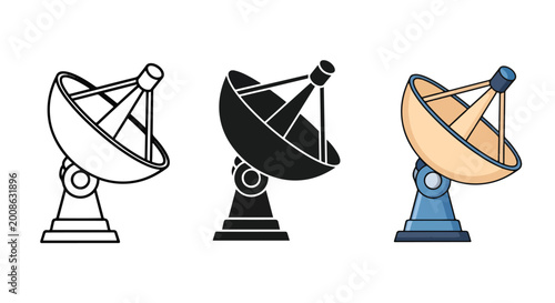 Satellite dish communication icons in flat style - Minimalist, flat icon, outline, glyph, linear, clipart, sticker - icon set