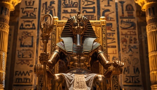 There is a gold statue of an egyptian king sitting on a throne