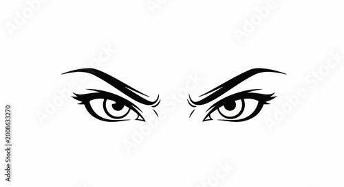 Fierce black eyes, sharp brow arches, detailed lashes, focused gaze