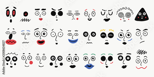 Cartoon Facial Expressions Set Cute Emotions Face Elements Collection Vector Style