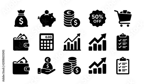Canvas Print Collection of solid black financial icons, including money bag, chart, and shopping cart
