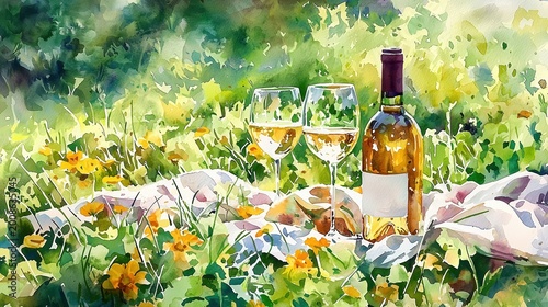 National Chardonnay Day:Loose expressive watercolor illustration of wine picnic scene in summer countryside, chardonnay bottle and glasses on blanket among wildflowers