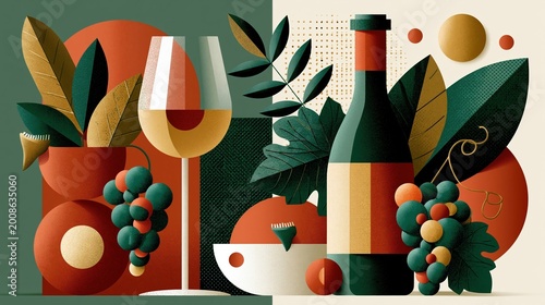 National Chardonnay Day:illustration of National Chardonnay Day celebration, geometric wine glass and bottle shapes, chic minimal composition with grapes and vineyard elements