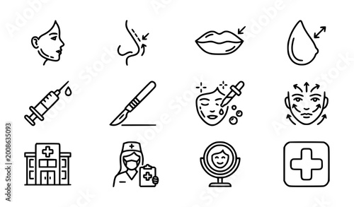 Cosmetic surgery and dermatology line icons, set of medical beauty treatment symbols.