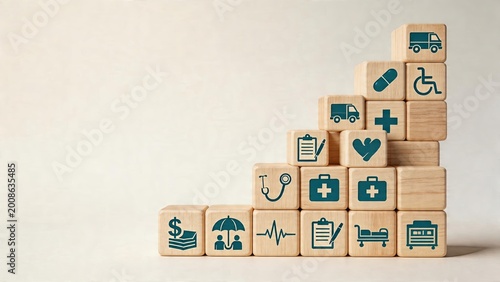 Business concept wooden blocks building tower with healthcare and medical insurance symbols stacked in pyramid shape growth strategy for social welfare systems and emergency