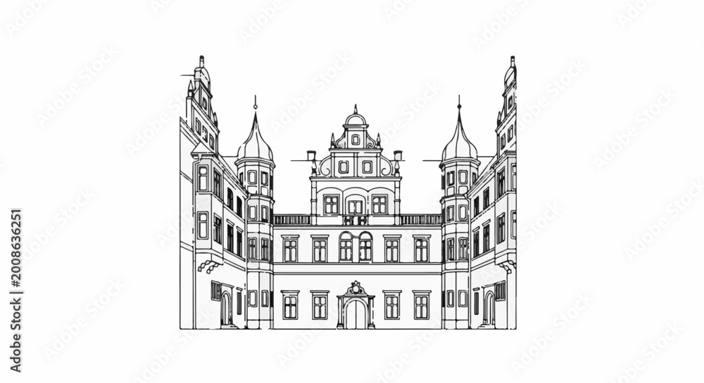 Obraz premium Detailed black and white sketch of a grand, ornate historical building facade