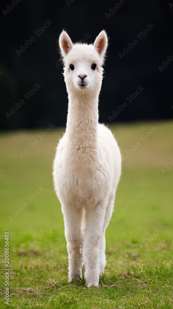 Fototapeta premium White alpaca standing on green grass with soft background, cute fluffy farm animal portrait