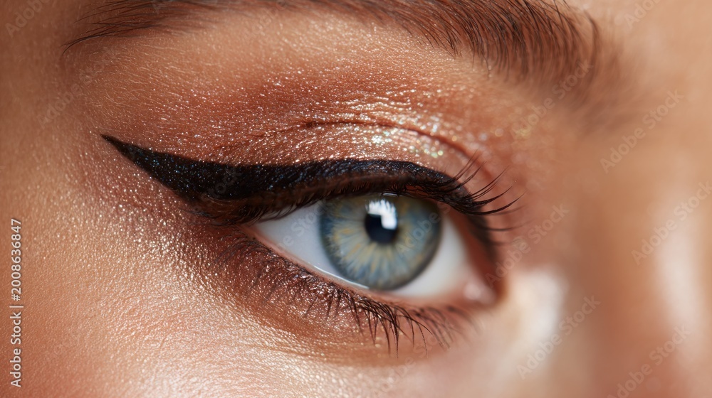 Obraz premium Eye close-up defined black liner, shimmery golden shadow, mesmerizing blue iris